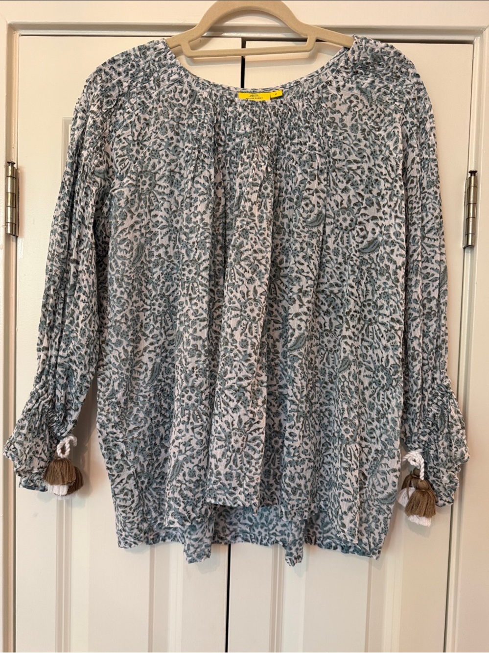 Roller Rabbit Blue Floral Peasant Blouse with Tassel Cuffs